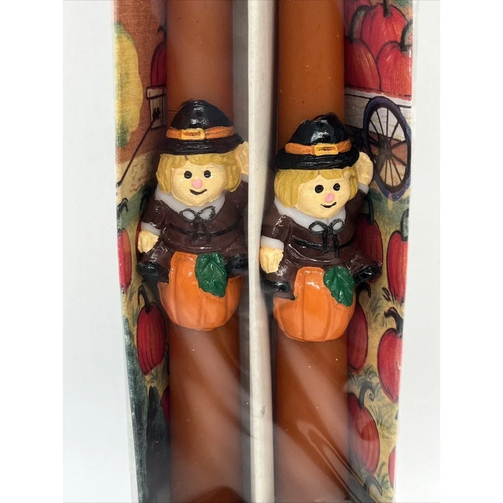 Vtg Pilgrim Taper Candles Set Fall Harvest Thanksgiving Pumpkin Autumn Farmhouse